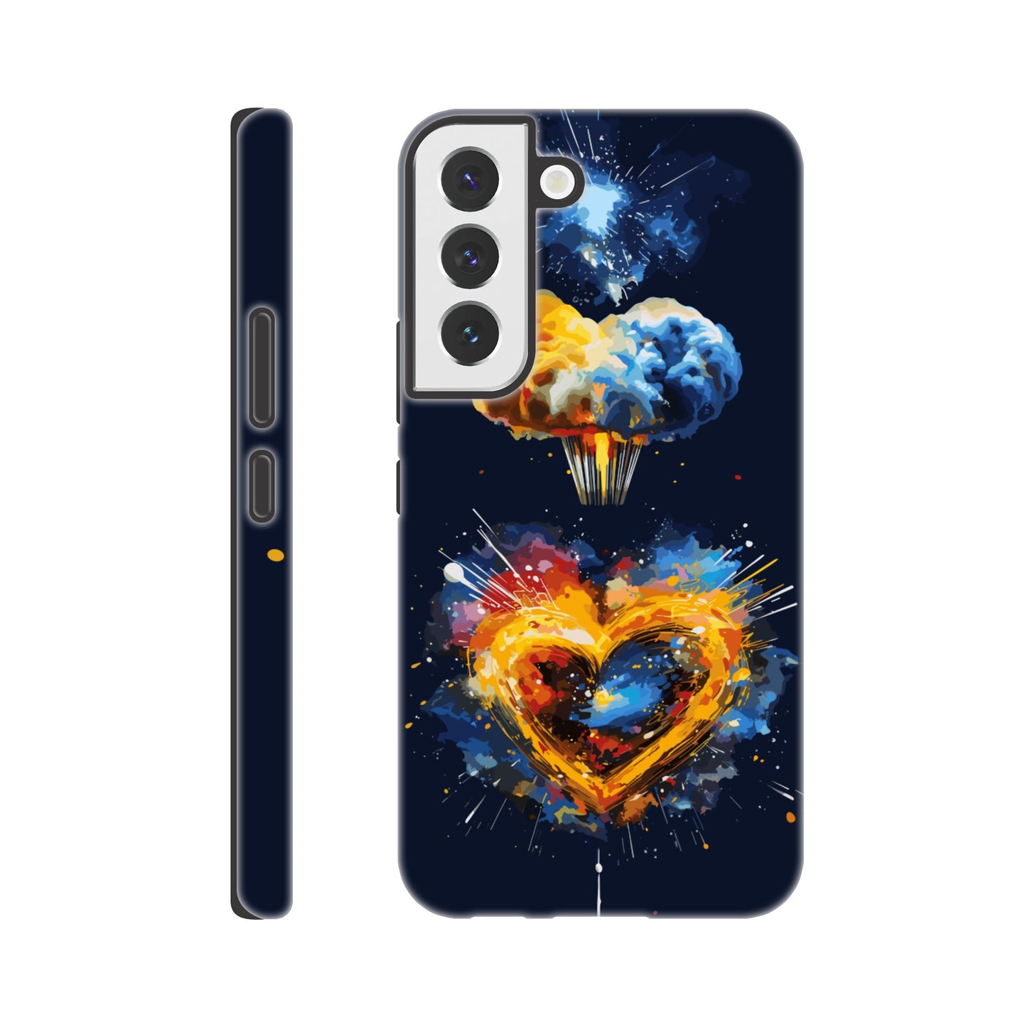 A Samsung Galaxy S22 Phone Case with the following design on it - heart shaped milky way galaxy with a nuclear mushroom cloud emanating from the heart, pop art, royal blue, yellow, white, silver, black, orange