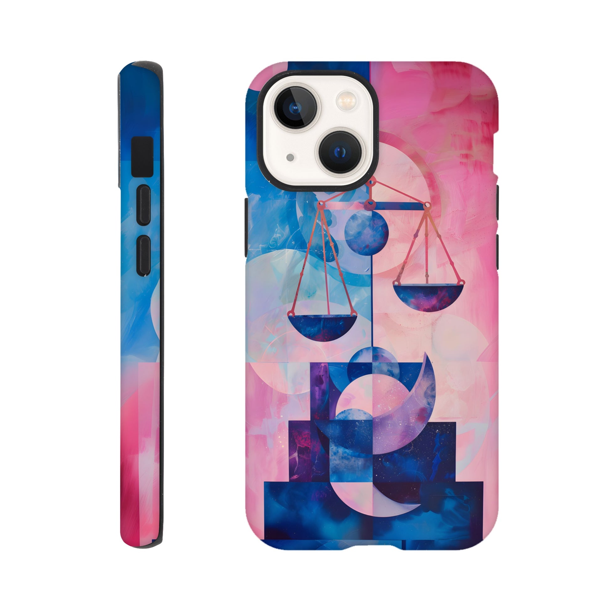 An Apple iPhone 13 Mini Phone Case with the following design on it : The Zodiac symbol for Libra, scales of justice theme, planet Venus in the background, Bauhaus style, royal blue, light pink