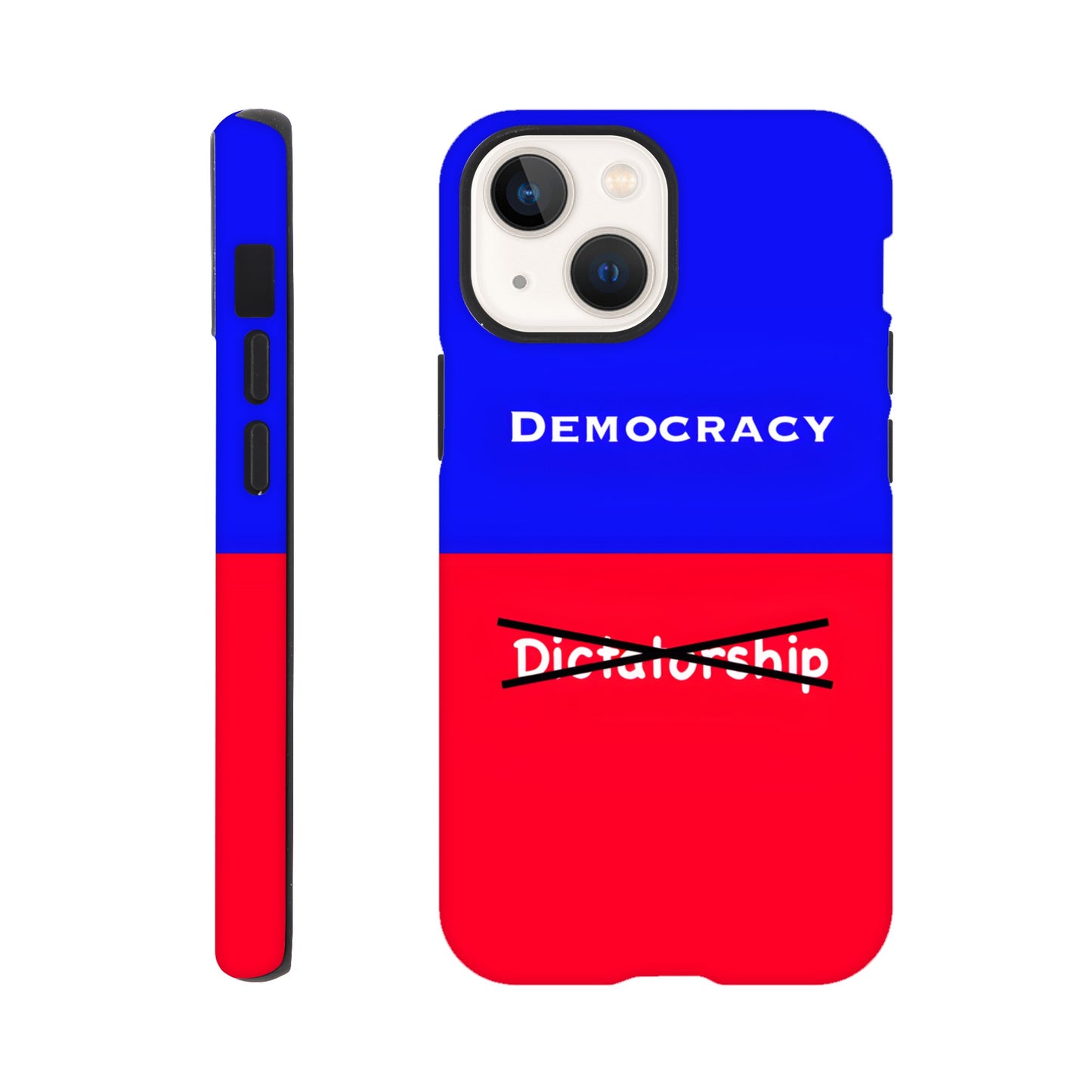 An iPhone 13 Mini Phone Case with the following design on it : A visual comparison of two posters, the one on top features the term "Democracy”; written in white, against a royal blue background, and the one of the bottom features the term “Dictatorship" which is also written in white but is crossed out by two black lines, highlighting the preference for Democracy. 