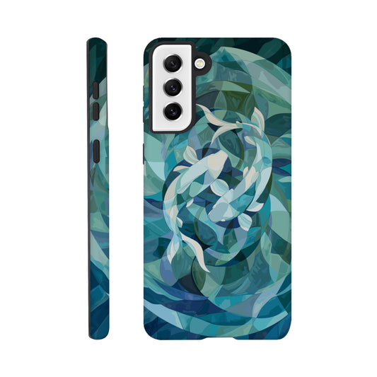 A Samsung Galaxy S21 Plus Phone Case with the following design on it : A representation of the Pisces zodiac sign depicted as follows - A geometric abstract painting of fish swimming in circles, using shades and shapes to create the illusion that they form an endless circle. The color palette is soft with pastel blues and greens, giving it a calming effect. This artwork symbolizes motion, energy flow, chaos theory, infinite reflection, balance between movement and stillness