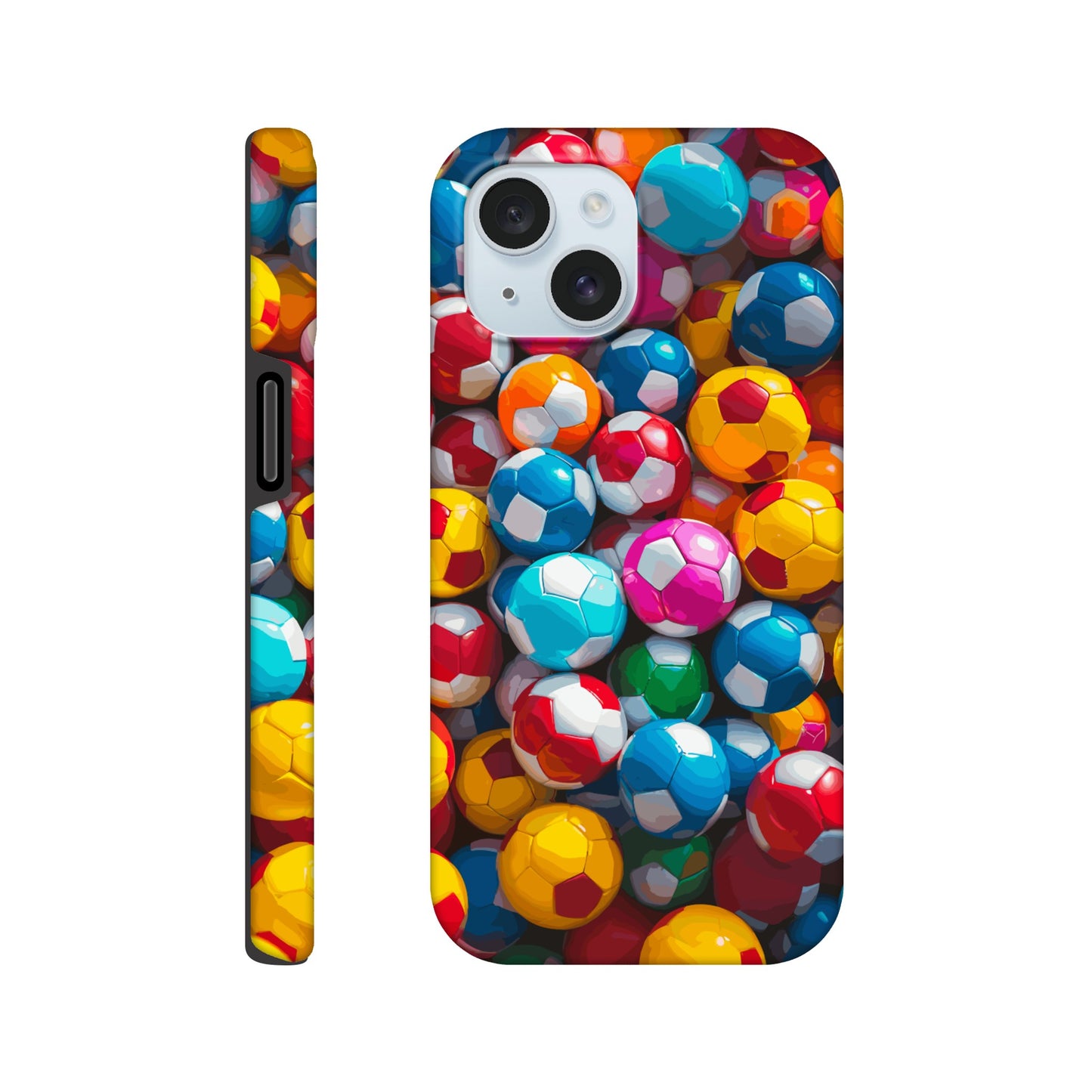 An iPhone 15 Phone Case with the following design on it: A Kids ball pit made up of soccer balls, the soccer balls are of a variety of colors, fun and bright, pop art