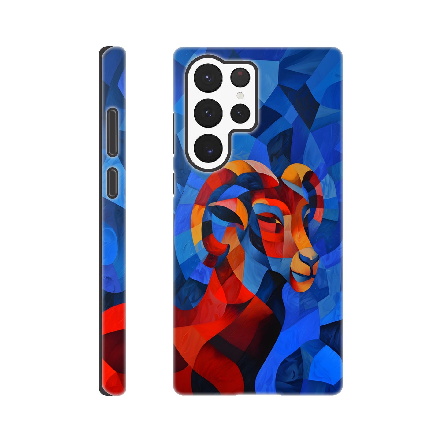 A Samsung Galaxy S22 Ultra Phone Case with a design of an Aries astrological sign- a Ram, in the style of cubism, blue, red,