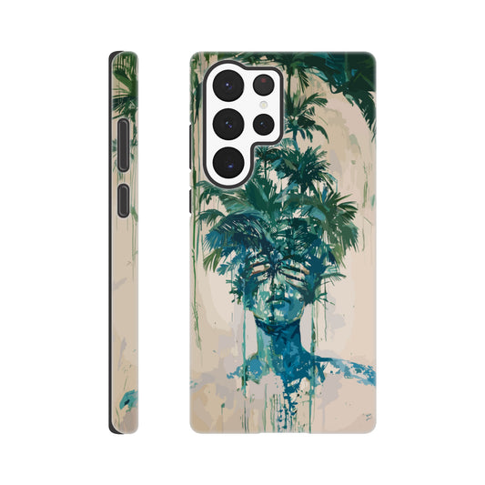 A Samsung Galaxy S22 Ultra phone case with the following design -the soulless look on the face of either a female or male human form that is self possessed and obscured by a dozen palm trees, green, blue, white, surrealism meets fauvism