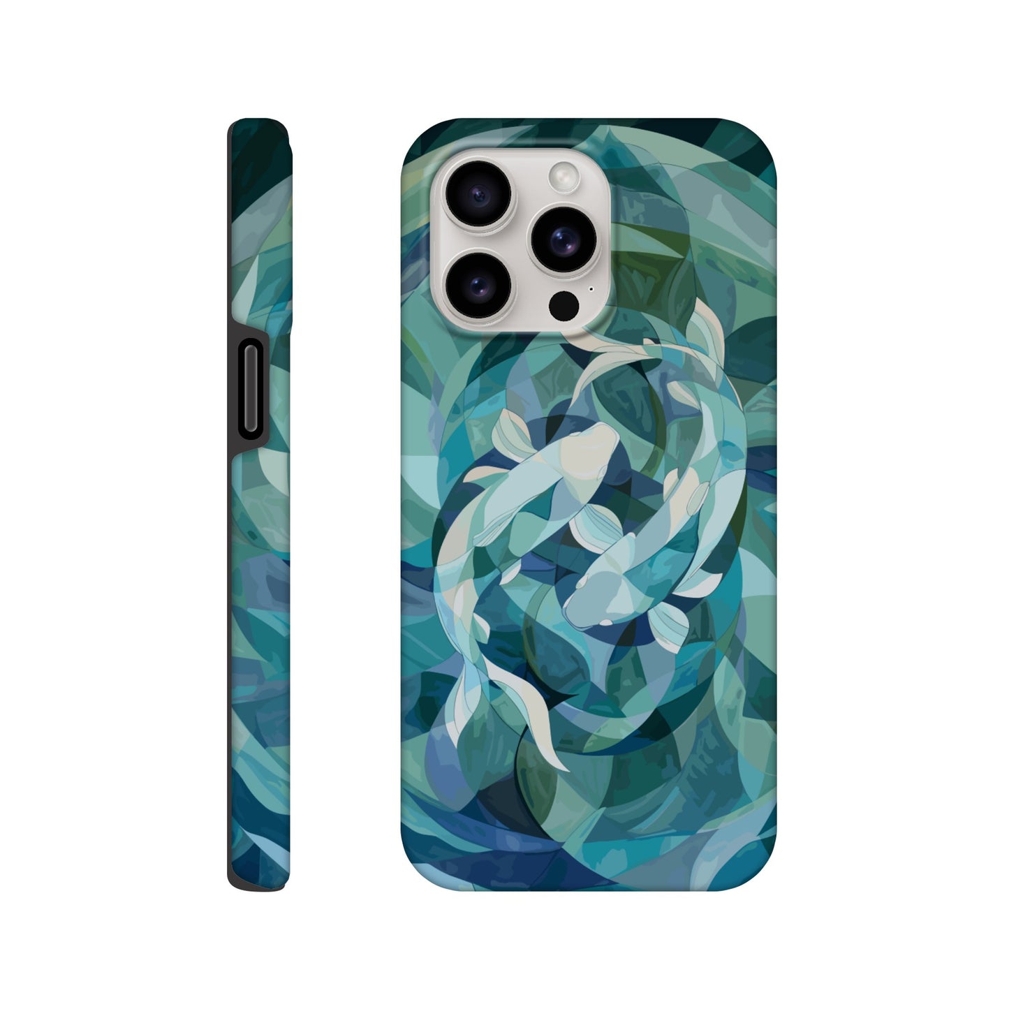 An Apple iPhone 15 Pro Max Phone Case with the following design on it : A representation of the Pisces zodiac sign depicted as follows - A geometric abstract painting of fish swimming in circles, using shades and shapes to create the illusion that they form an endless circle. The color palette is soft with pastel blues and greens, giving it a calming effect. This artwork symbolizes motion, energy flow, chaos theory, infinite reflection, balance between movement and stillness