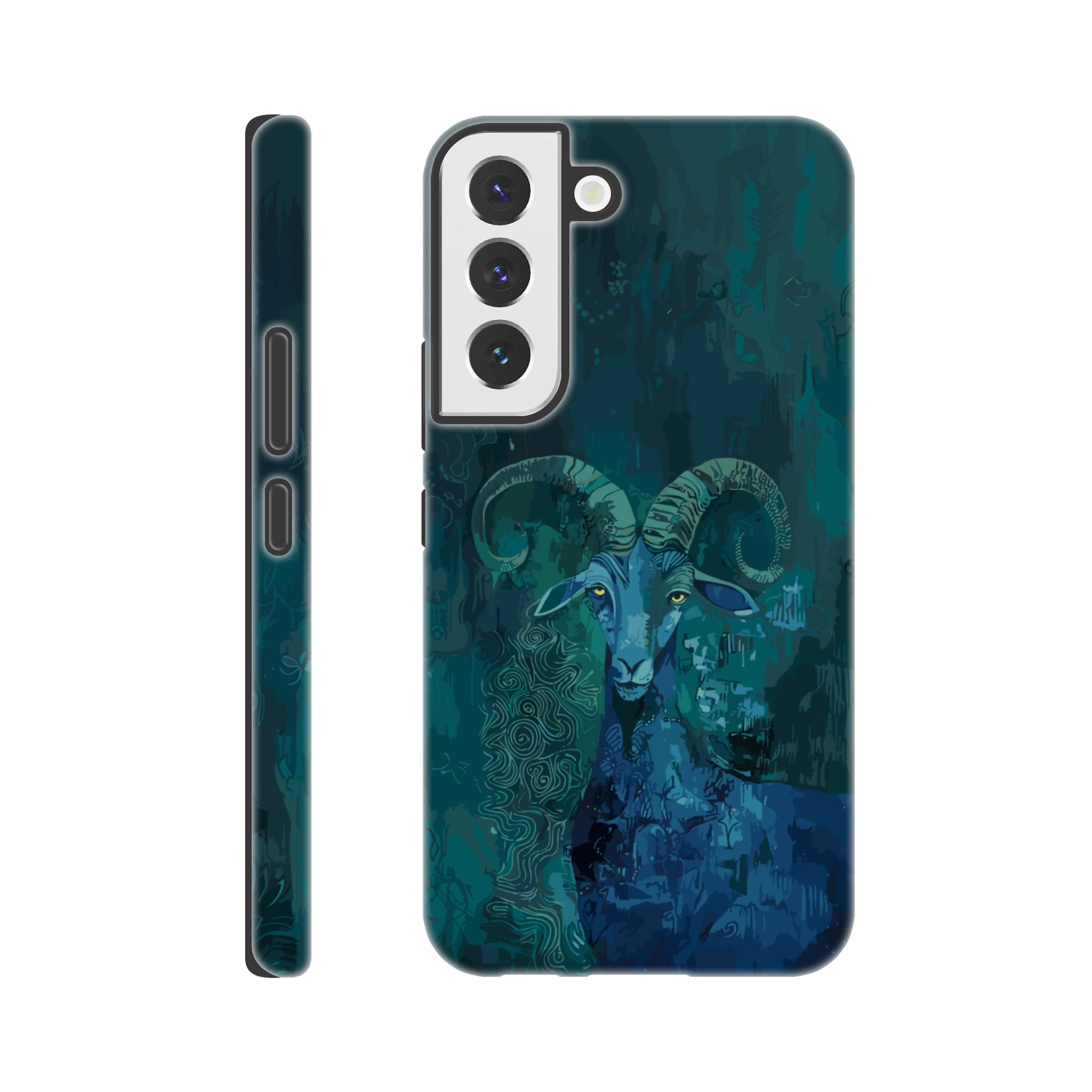 A Samsung Galaxy S22 Phone Case with the following design on it - a Sea Goat, the symbol of the zodiac sign for capricorn, fabric painting, dark green, indigo