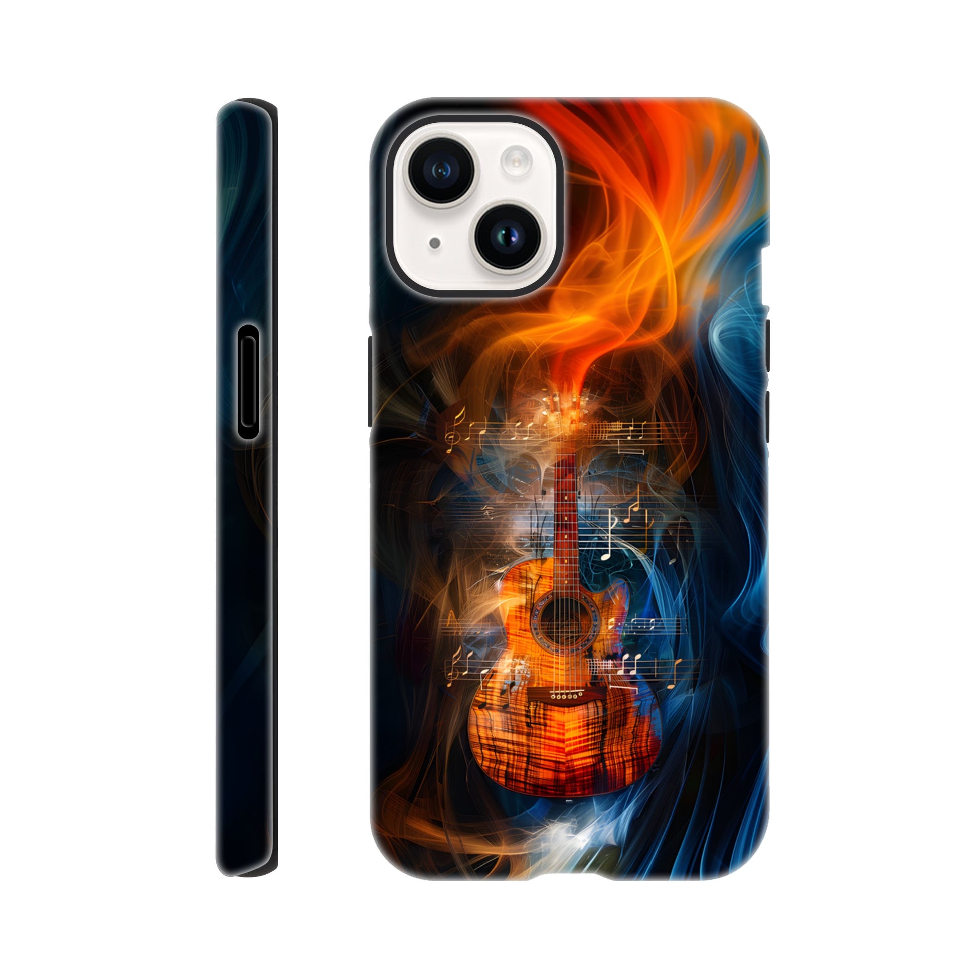 An Apple iPhone 14 Phone Case with the following design on it: A Koa Guitar with musical notes swirling around it, blue and red smoke swirling around both the Guitar and notes, in the style of a digital art, dark blue background, orange glow on guitar, symmetrical composition, high resolution, hyper realistic, high contrast, vibrant colors, detailed textures of wood and strings