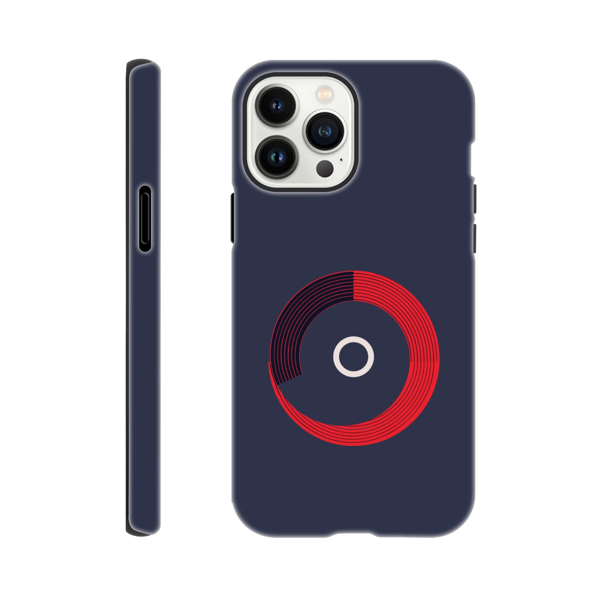 An Apple iPhone 13 Pro Max Phone Case with the following design on it: a red circle with black curved lines in the circle that make it look like bleachers from above on a navy blue background, there is a white letter circle in the center, a sleek and modern appearance, subtle gradients for depth effect