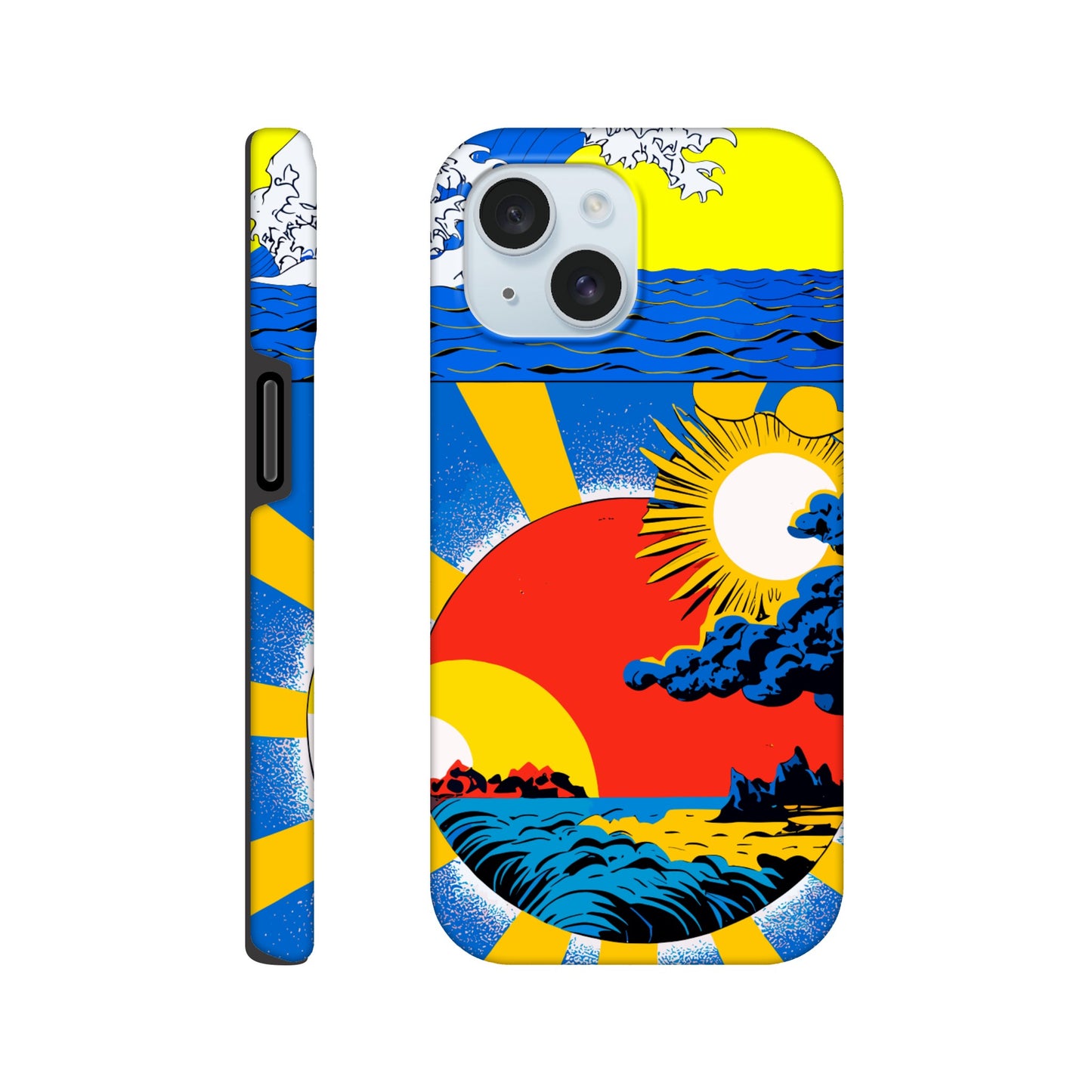 An Apple iPhone 15 Phone Case with the following design on it: sun and clouds, blue sky with yellow rays of light, sun setting in the background, in the style of a Japanese illustration, blue sea wave on top left corner, red circle below centered, blue storm clouds inside red dot, colorful poster print style