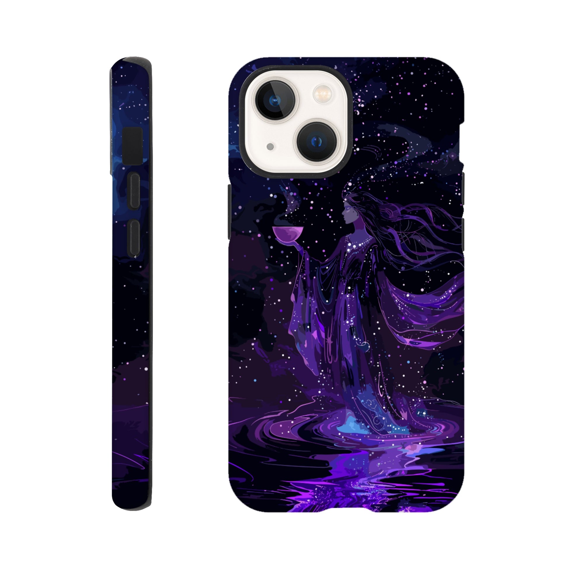 An Apple iPhone 13 Mini Phone Case with a design of the aquarius astrological zodiac symbol, purple, red, turquoise, 3d, pop art