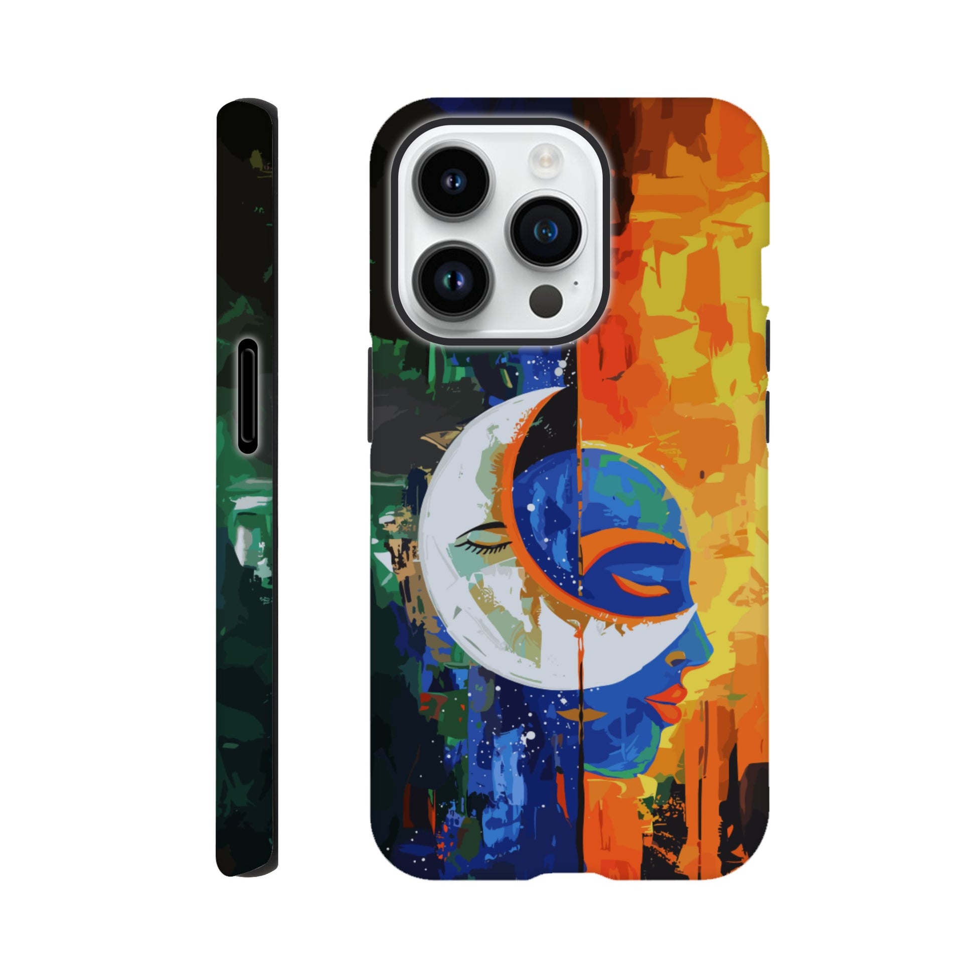 An Apple iPhone 14 Pro Phone Case with the following design on it - Abstract painting of a crescent moon and sun in the sky, half is orange blue green color with black silhouette of either a female or male face, other side has bright vibrant colors, abstract, modern art style