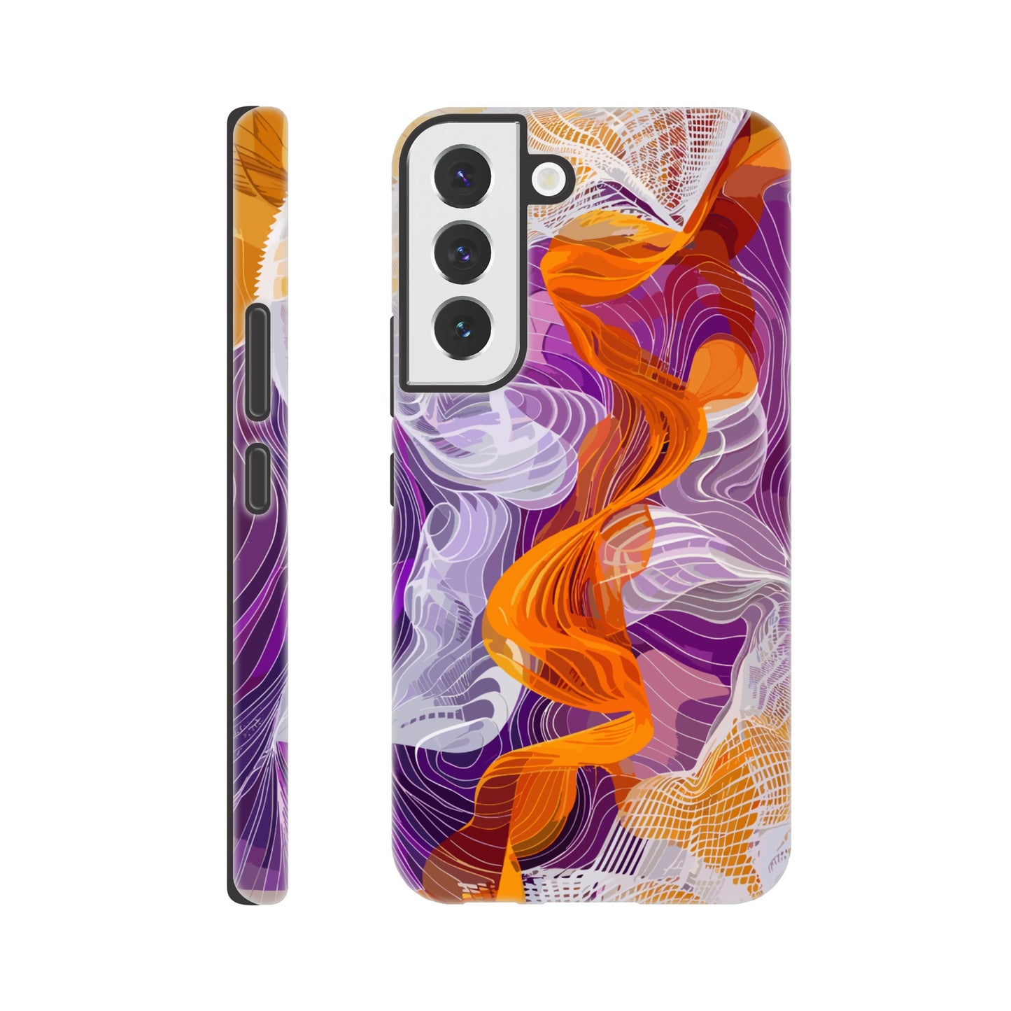 A Samsung Galaxy S22 Phone Case with the following design on it - A modern digital art piece of an abstract representation of waves and swirls, with orange and purple hues, composed from flowing lines in a white mesh pattern, creating the illusion that they flow like ribbons or threads. The background is a gradient of these colors, adding depth to the composition. This artwork symbolizes movement, fluidity, and dynamic energy through its intricate design.