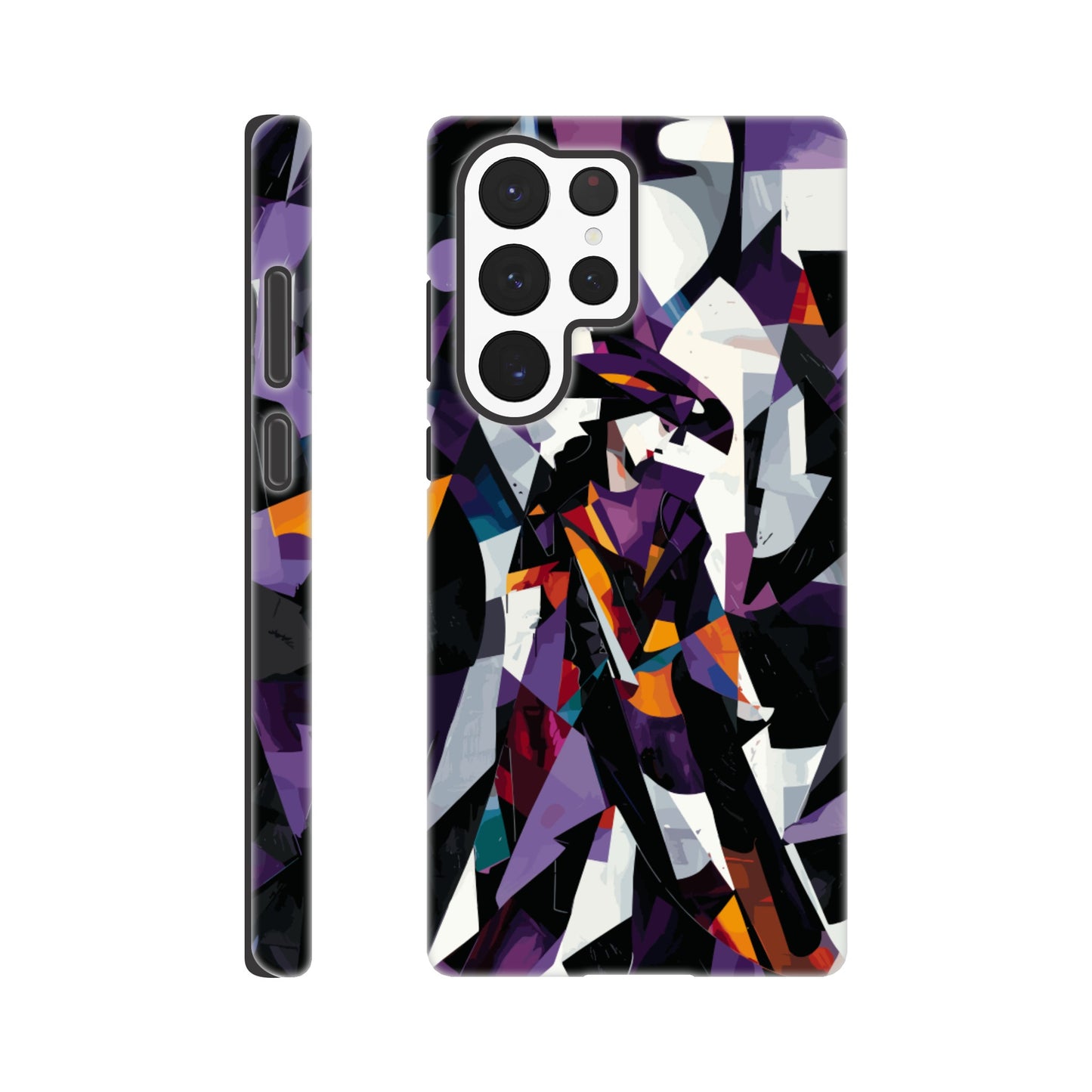 A Samsung Galaxy S22 Ultra Phone Case with the following design on it : geometric and abstract design of a figure with sharp angles and vibrant colors, primarily purple, black, white, and orange.