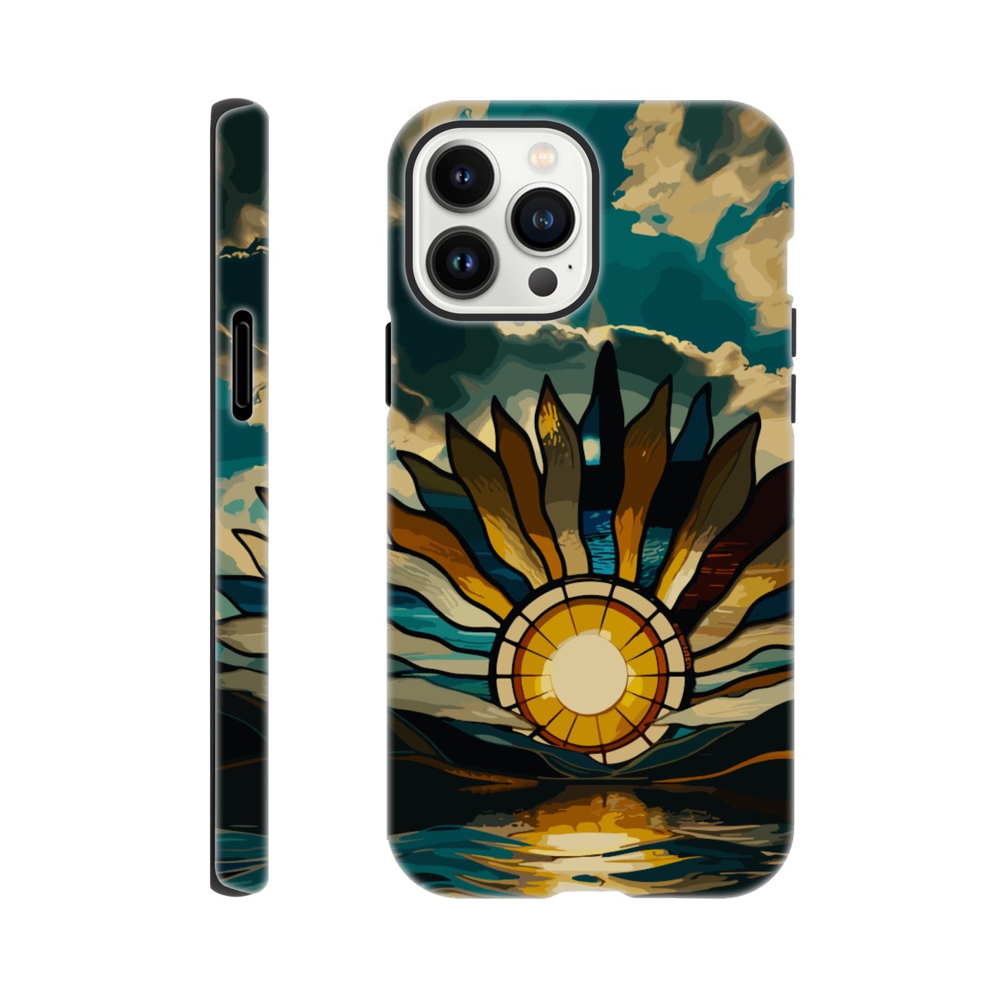 An iPhone 13 Pro Max Phone Case with the following design on it: A giant stained glass sun, with rays of light reflecting on the water below, in a cinematic, epic, fantasy art style