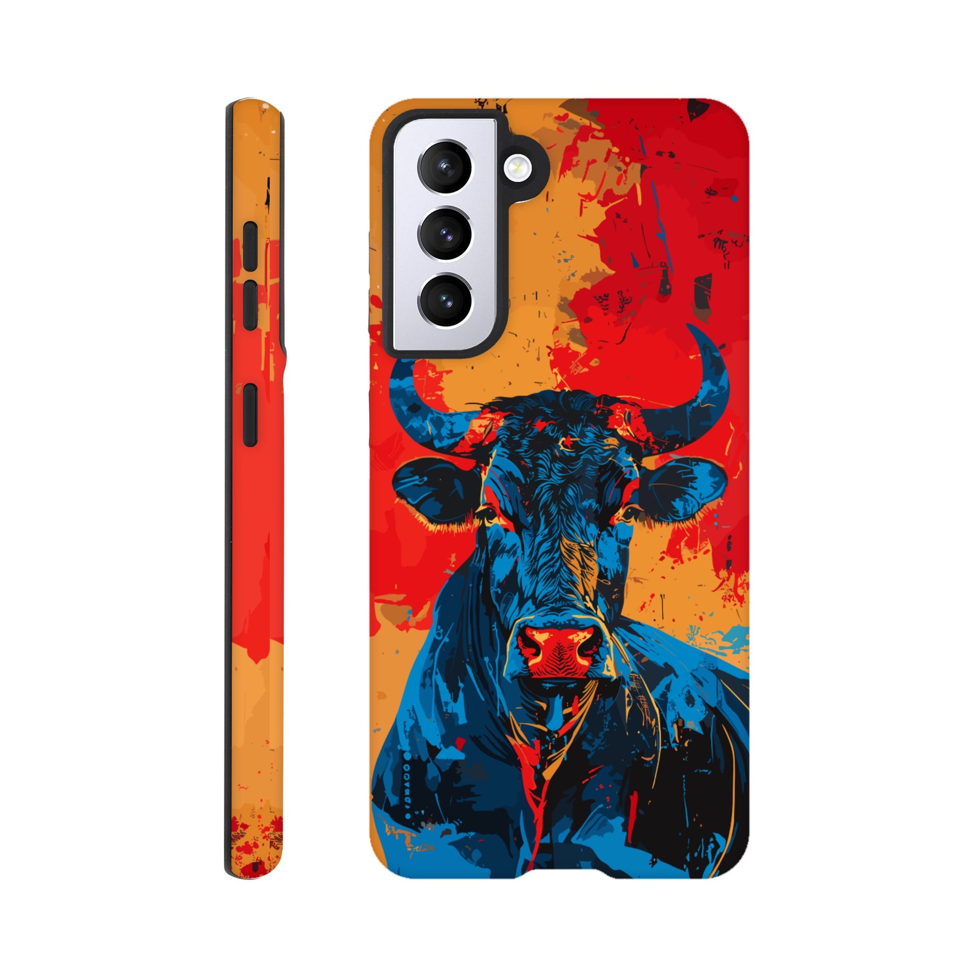 A Samsung Galaxy S21 Phone Case with the following design on it: Abstract blue bull on a red background in the style of urban graffiti, the Bull is the symbol for the astrological sign of Taurus, flat painting with brush strokes, strong color contrast in the style of urban street art, cool and confident expression of the blue ox with an eye-catching label and strong visual impact