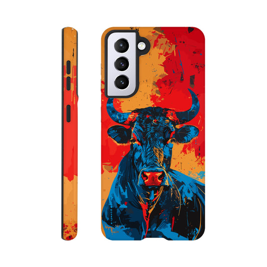 A Samsung Galaxy S21 Phone Case with the following design on it: Abstract blue bull on a red background in the style of urban graffiti, the Bull is the symbol for the astrological sign of Taurus, flat painting with brush strokes, strong color contrast in the style of urban street art, cool and confident expression of the blue ox with an eye-catching label and strong visual impact