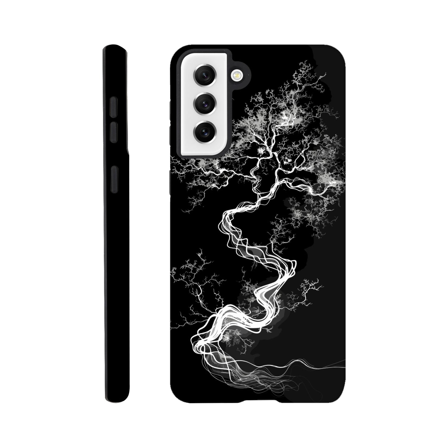 A Samsung Galaxy S21 Plus Phone Case with the following design on it - a sketch of a white fractal tree against a black background