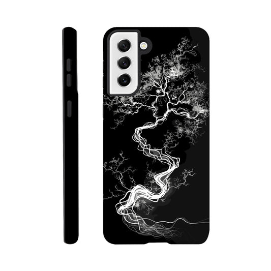 A Samsung Galaxy S21 Plus Phone Case with the following design on it - a sketch of a white fractal tree against a black background