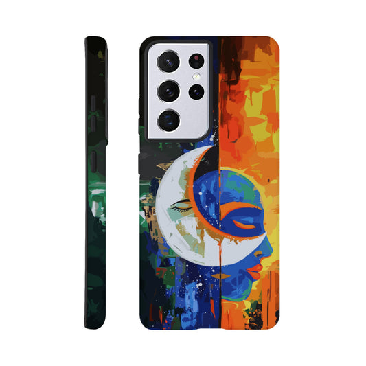 A Samsung Galaxy S21 Ultra Phone Case with the following design on it - Abstract painting of a crescent moon and sun in the sky, half is orange blue green color with black silhouette of male face, other side has bright vibrant colors, abstract, modern art style