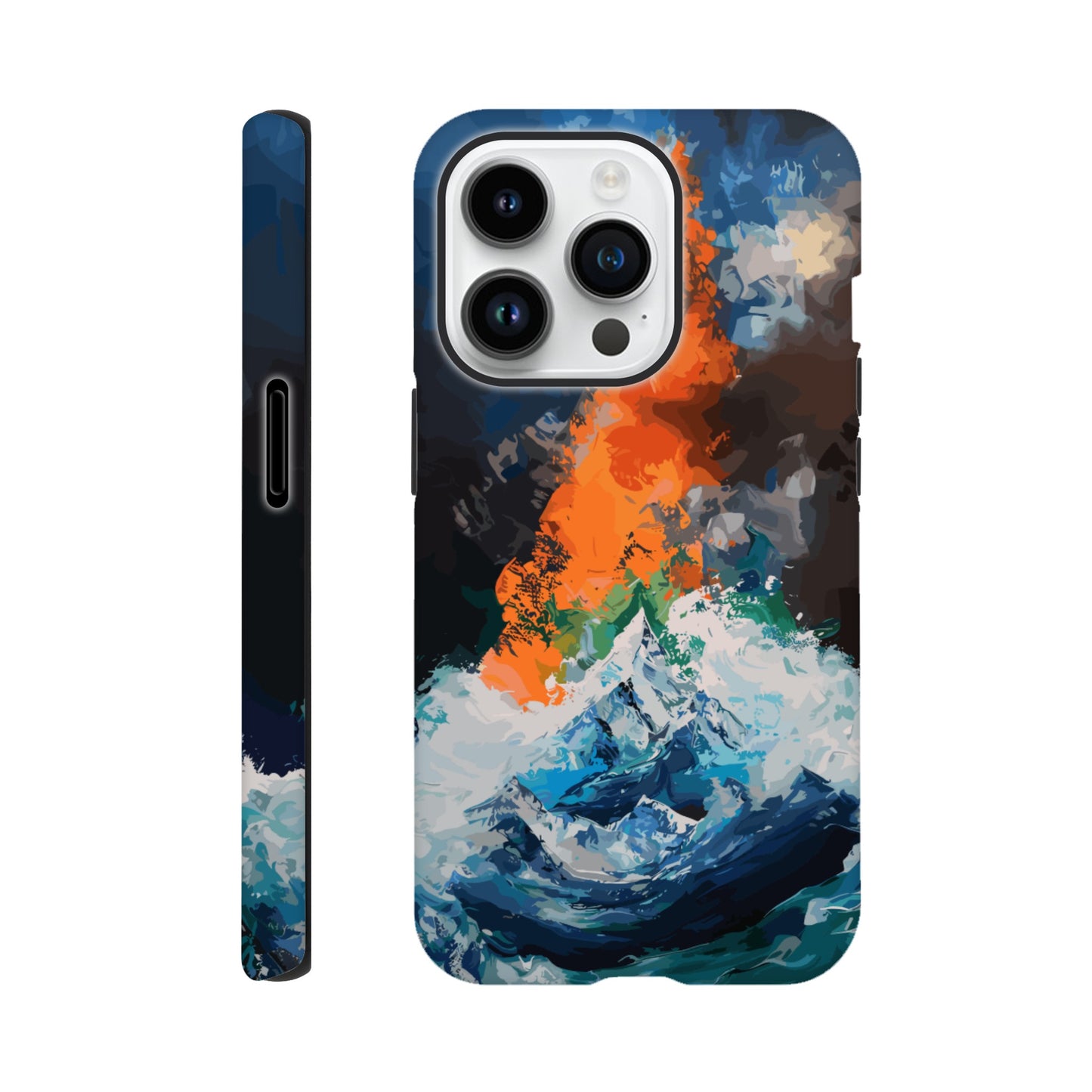 An Apple iPhone 14 Pro Phone Case with the following design on it - the Mariana Trench engulfing Mount Everest, cartoonish surrealism, blue, white, green, orange, black