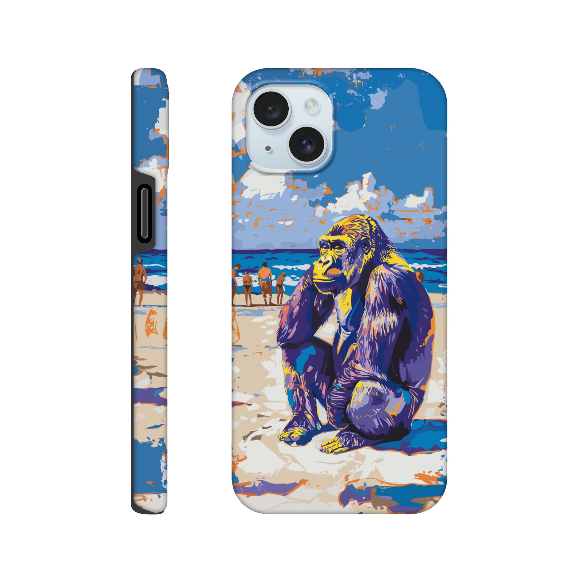 An iPhone 15 Plus with a design of a Gorilla at the beach thinking while a diverse group of people stroll along the beach in the background, royal blue, orange, purple, yellow, white, fauvism meets pop art