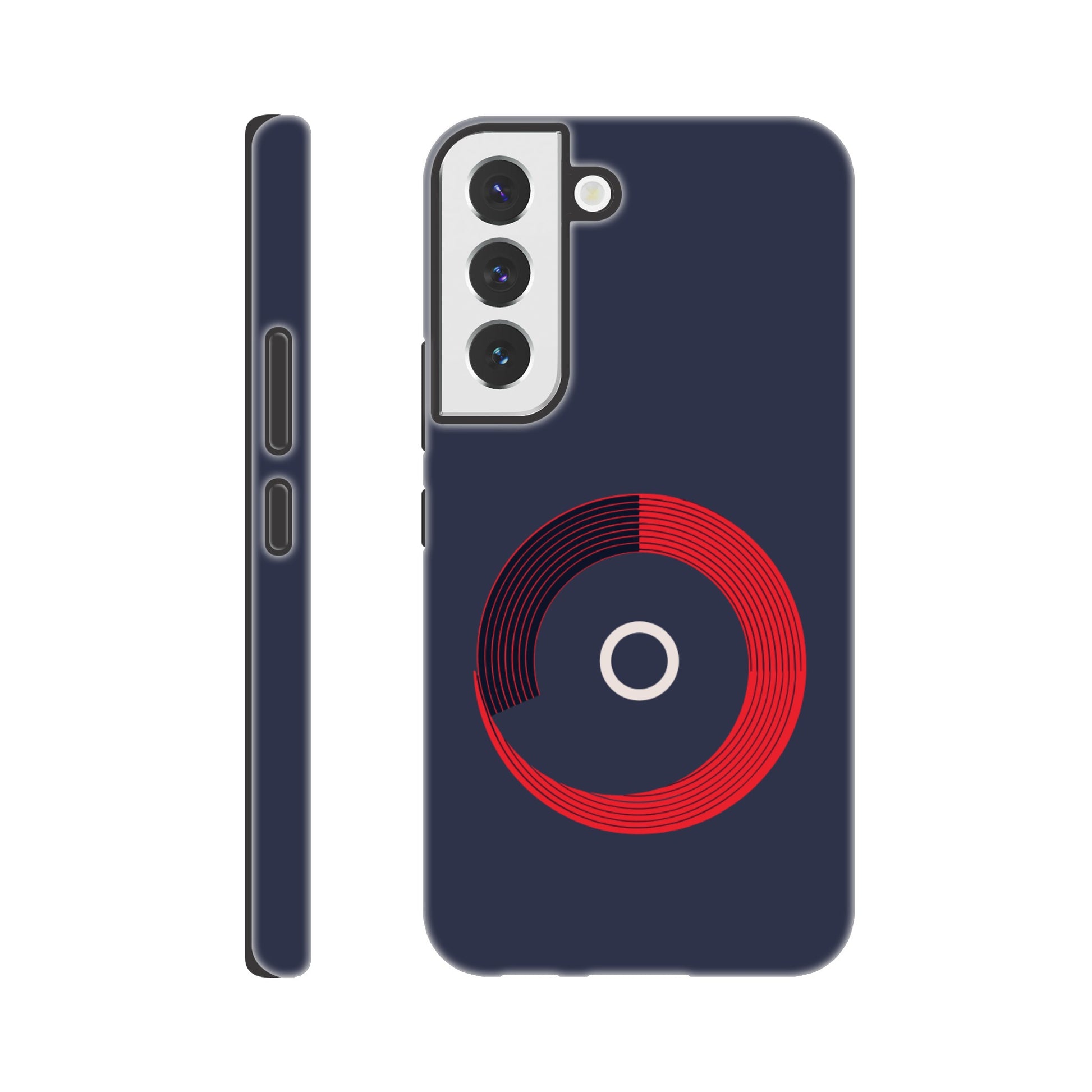 A Samsung Galaxy S22 Phone Case with the following design on it: a red circle with black curved lines in the circle that make it look like bleachers from above on a navy blue background, there is a white letter circle in the center, a sleek and modern appearance, subtle gradients for depth effect