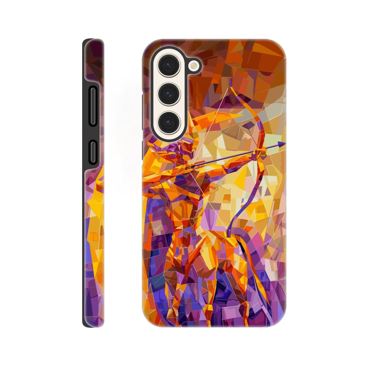 A Samsung Galaxy S23 Plus Phone Case with the following design on it: A centaur- the half man half horse archer and symbol of the astrological sign Sagittarius, the character is imagined through an artist who is adept at the artistic style of cubism, orange, purple, yellow