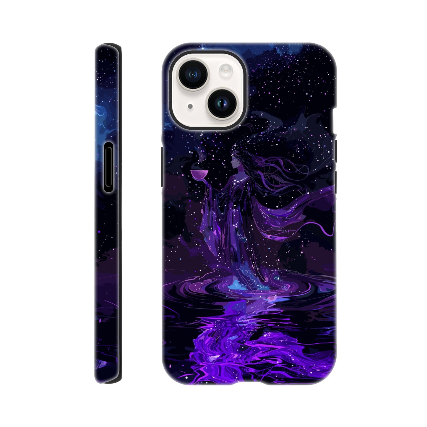 An Apple iPhone 14 Phone Case with a design of the aquarius astrological zodiac symbol, purple, red, turquoise, 3d, pop art