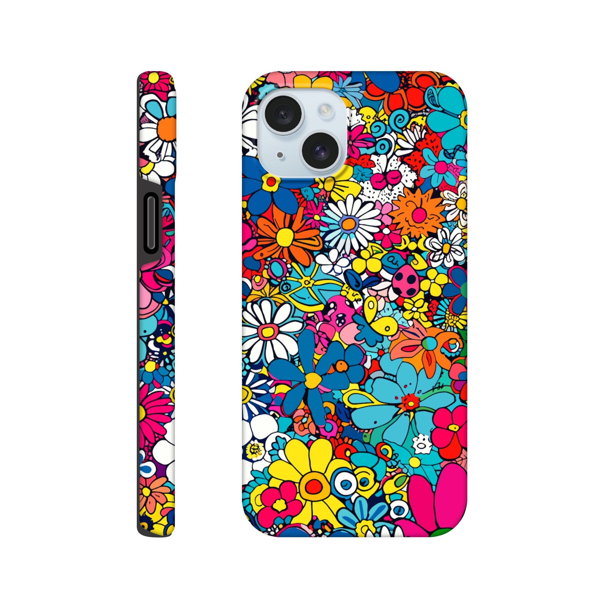 An Apple iPhone 15 Plus Phone Case with the following design on it : Lots of retro looking flowers of multiple colors with no discernible arrangement against a white background. 