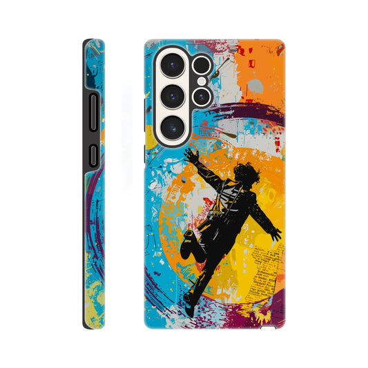 A Samsung Galaxy S23 Ultra Phone Case with the following design on it -A graffiti style painting of the back of a human male in a suit falling in mid-air, with bold colors. The background is filled with vibrant splashes of color and newspaper texture in the style of American pop art