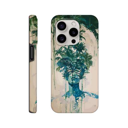 An Apple iPhone 15 Pro phone case with the following design on it -the soulless look on the face of either a female or male human form that is self possessed and obscured by a dozen palm trees, green, blue, white, surrealism meets fauvism