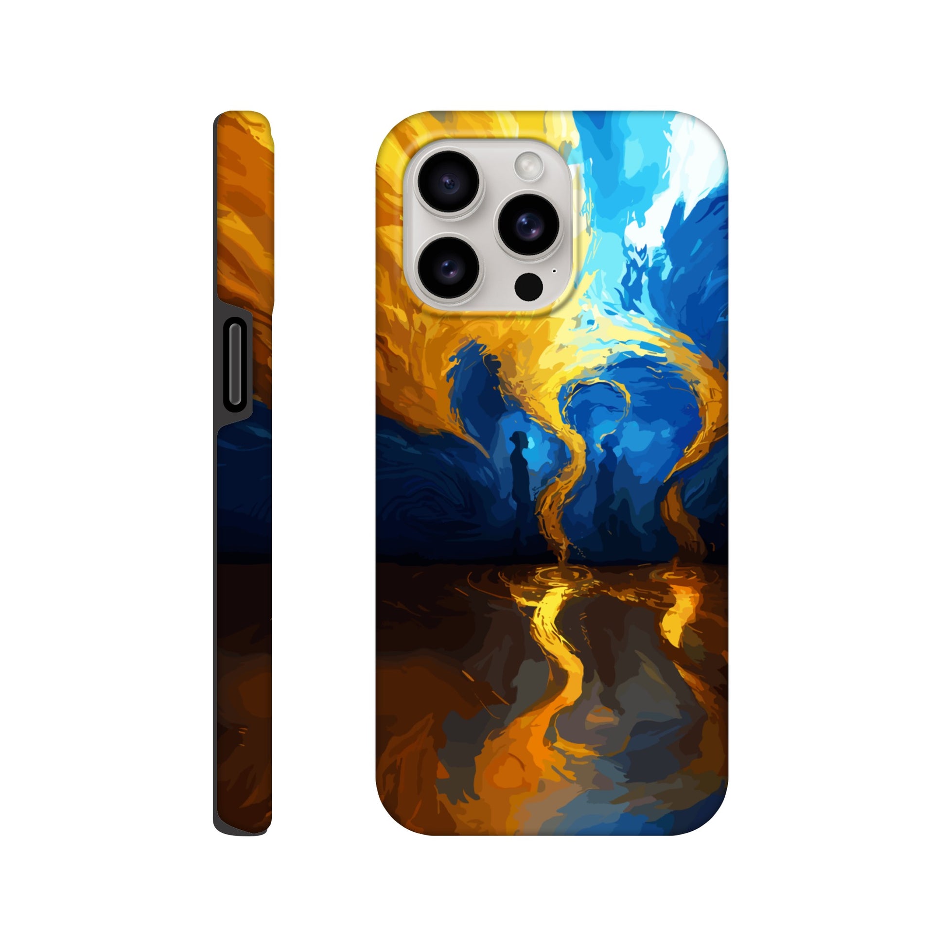 An iPhone 15 Pro Max Phone Case with the following design on it -An abstract image of flowing thunder/lightning and waves. The colors of blue, orange, and yellow. There are two human forms facing each other in the middle of the image.