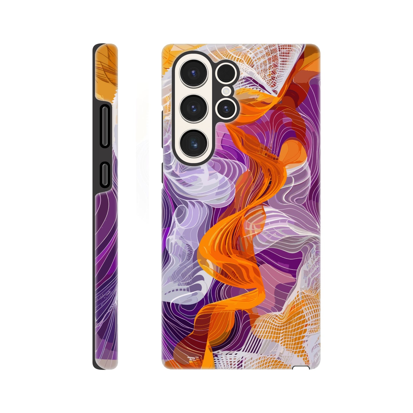 A Samsung Galaxy S23 Ultra Phone Case with the following design on it - A modern digital art piece of an abstract representation of waves and swirls, with orange and purple hues, composed from flowing lines in a white mesh pattern, creating the illusion that they flow like ribbons or threads. The background is a gradient of these colors, adding depth to the composition. This artwork symbolizes movement, fluidity, and dynamic energy through its intricate design.