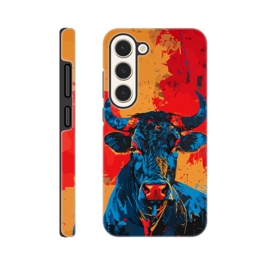 A Samsung Galaxy S23 Phone Case with the following design on it: Abstract blue bull on a red background in the style of urban graffiti, the Bull is the symbol for the astrological sign of Taurus, flat painting with brush strokes, strong color contrast in the style of urban street art, cool and confident expression of the blue ox with an eye-catching label and strong visual impact