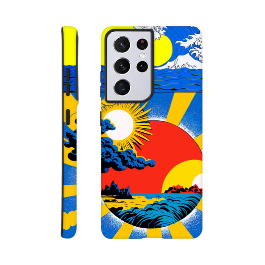 A Samsung Galaxy S21 Ultra Phone Case with the following design on it: sun and clouds, blue sky with yellow rays of light, sun setting in the background, in the style of a Japanese illustration, blue sea wave on top left corner, red circle below centered, blue storm clouds inside red dot, colorful poster print style