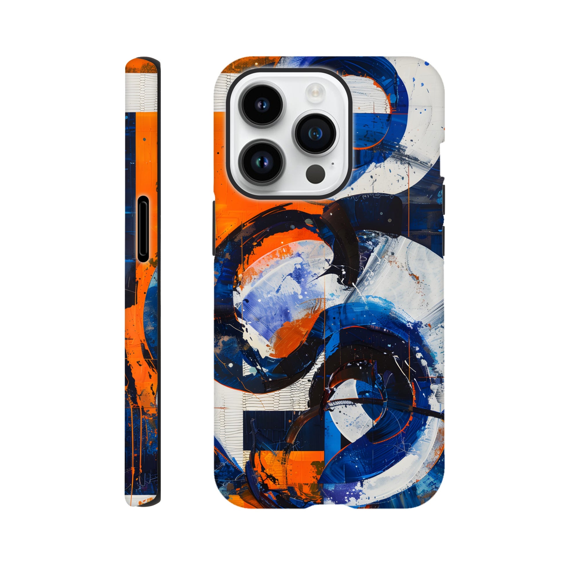 An Apple iPhone 14 Pro Phone Case with the following design on it : An abstract painting of circles and squares in orange, blue and white, with an overall sense of movement and vitality. The background is collage-like, with elements such as textures, lines, stripes, scribbles and splashes of paint, along with irregular shapes