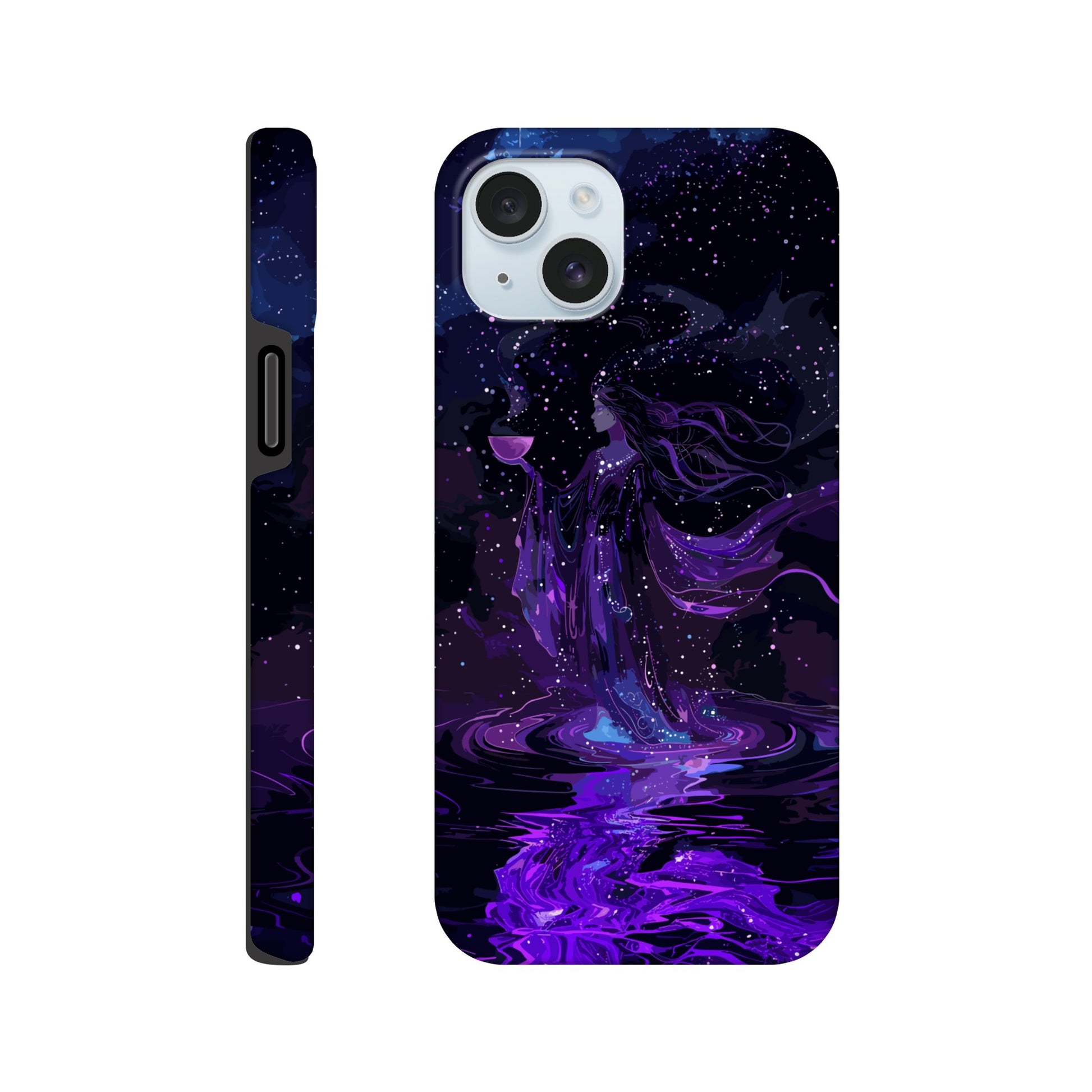 An Apple iPhone 15 Plus Phone Case with a design of the aquarius astrological zodiac symbol, purple, red, turquoise, 3d, pop art