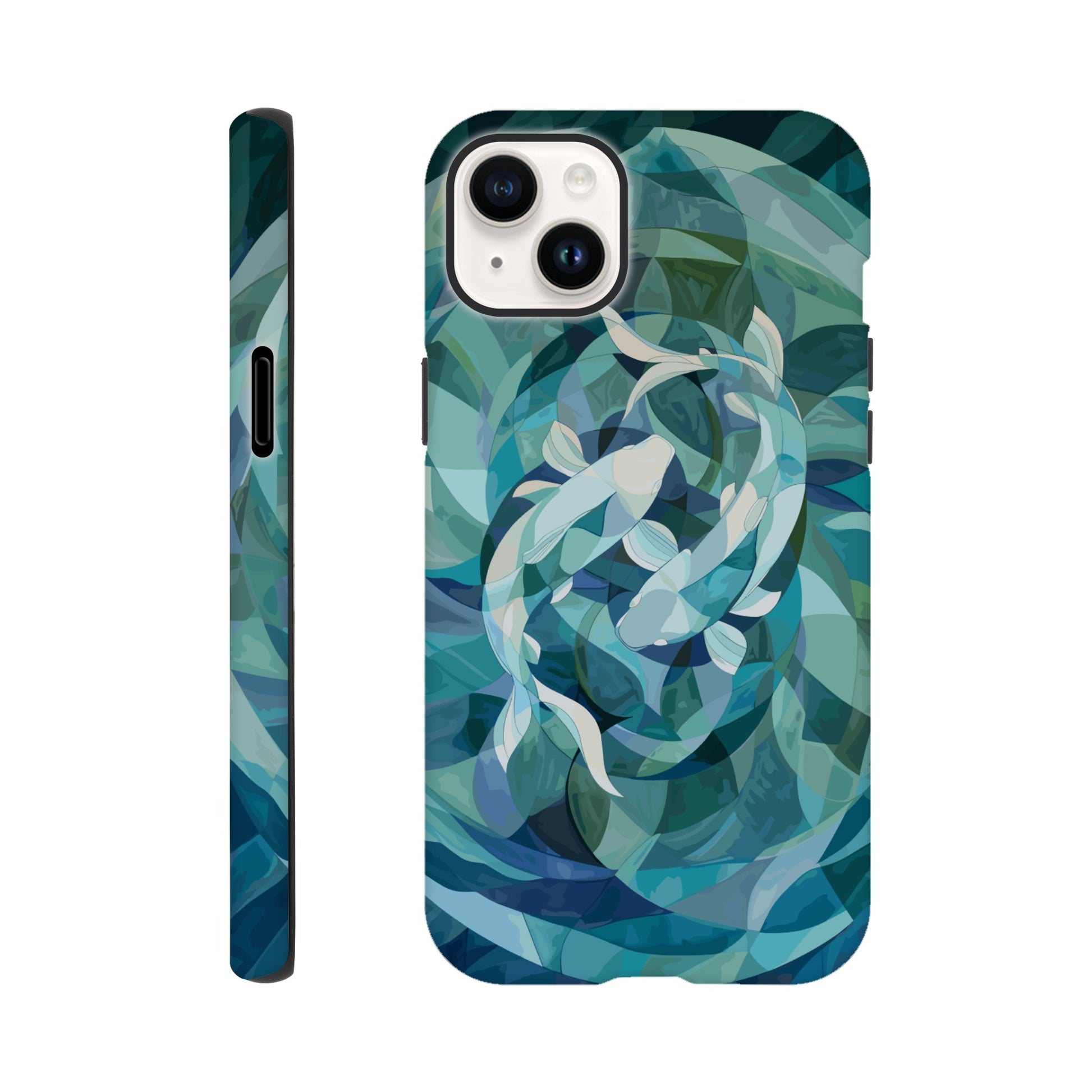 An Apple iPhone 14 Plus Phone Case with the following design on it : A representation of the Pisces zodiac sign depicted as follows - A geometric abstract painting of fish swimming in circles, using shades and shapes to create the illusion that they form an endless circle. The color palette is soft with pastel blues and greens, giving it a calming effect. This artwork symbolizes motion, energy flow, chaos theory, infinite reflection, balance between movement and stillness