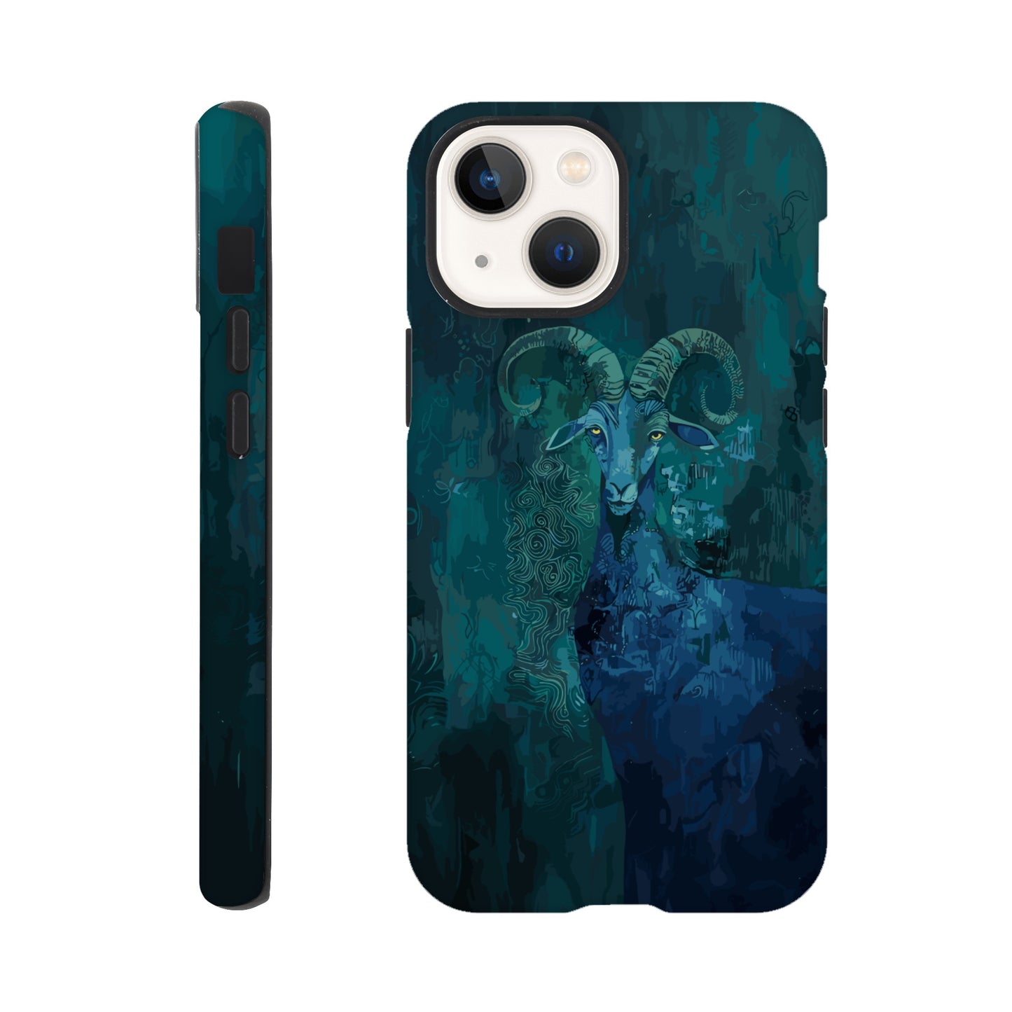 An Apple iPhone 13 Mini Phone Case with the following design on it - a Sea Goat, the symbol of the zodiac sign for capricorn, fabric painting, dark green, indigo