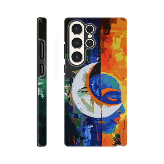 A Samsung Galaxy S23 Ultra Phone Case with the following design on it - Abstract painting of a crescent moon and sun in the sky, half is orange blue green color with black silhouette of male face, other side has bright vibrant colors, abstract, modern art style