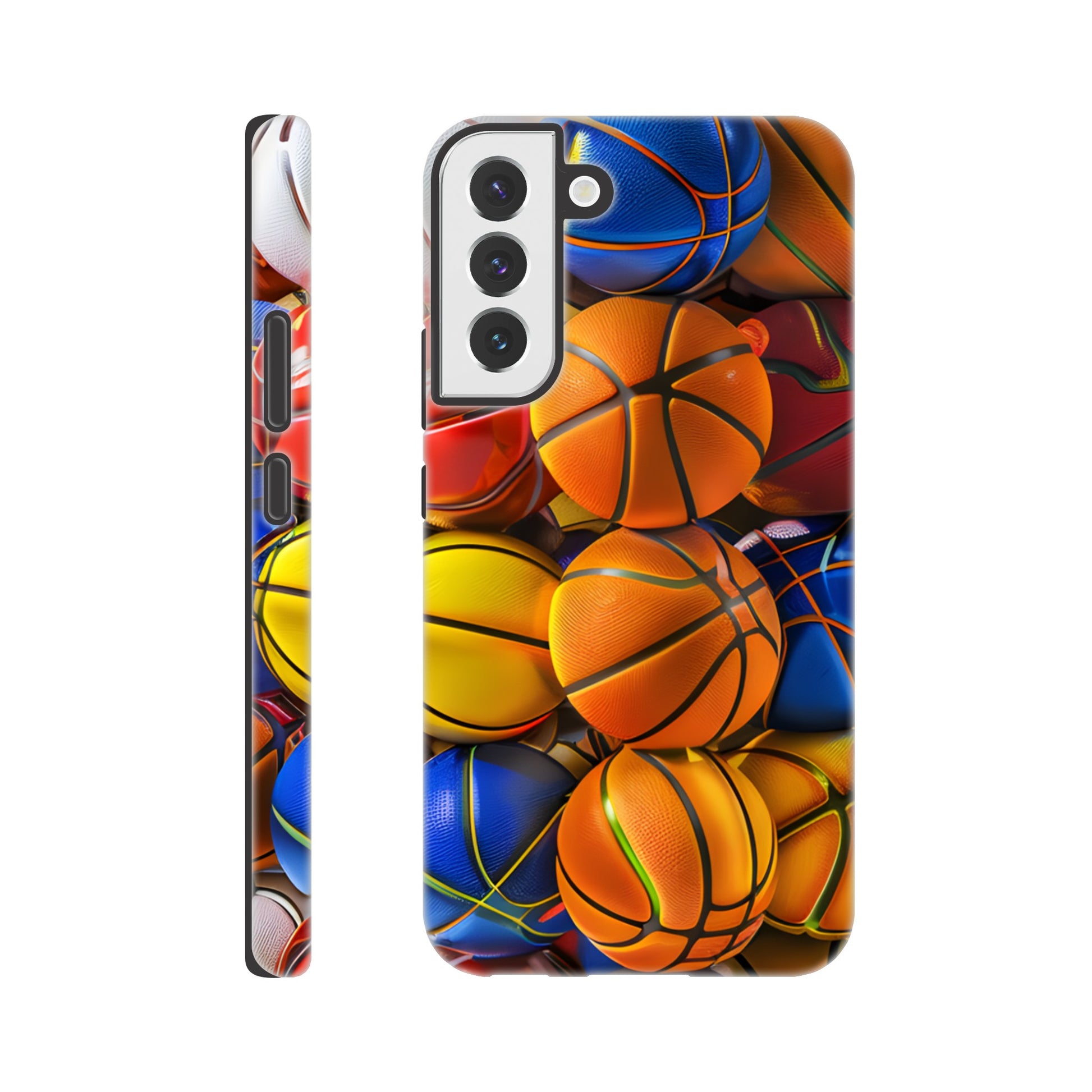 A Samsung Galaxy S22 Plus Phone Case adorned with an image of a lot of basketballs, of a variety of primary colors, in the form of cube