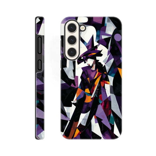 A Samsung Galaxy S23 Plus Phone Case with the following design on it : geometric and abstract design of a figure with sharp angles and vibrant colors, primarily purple, black, white, and orange.