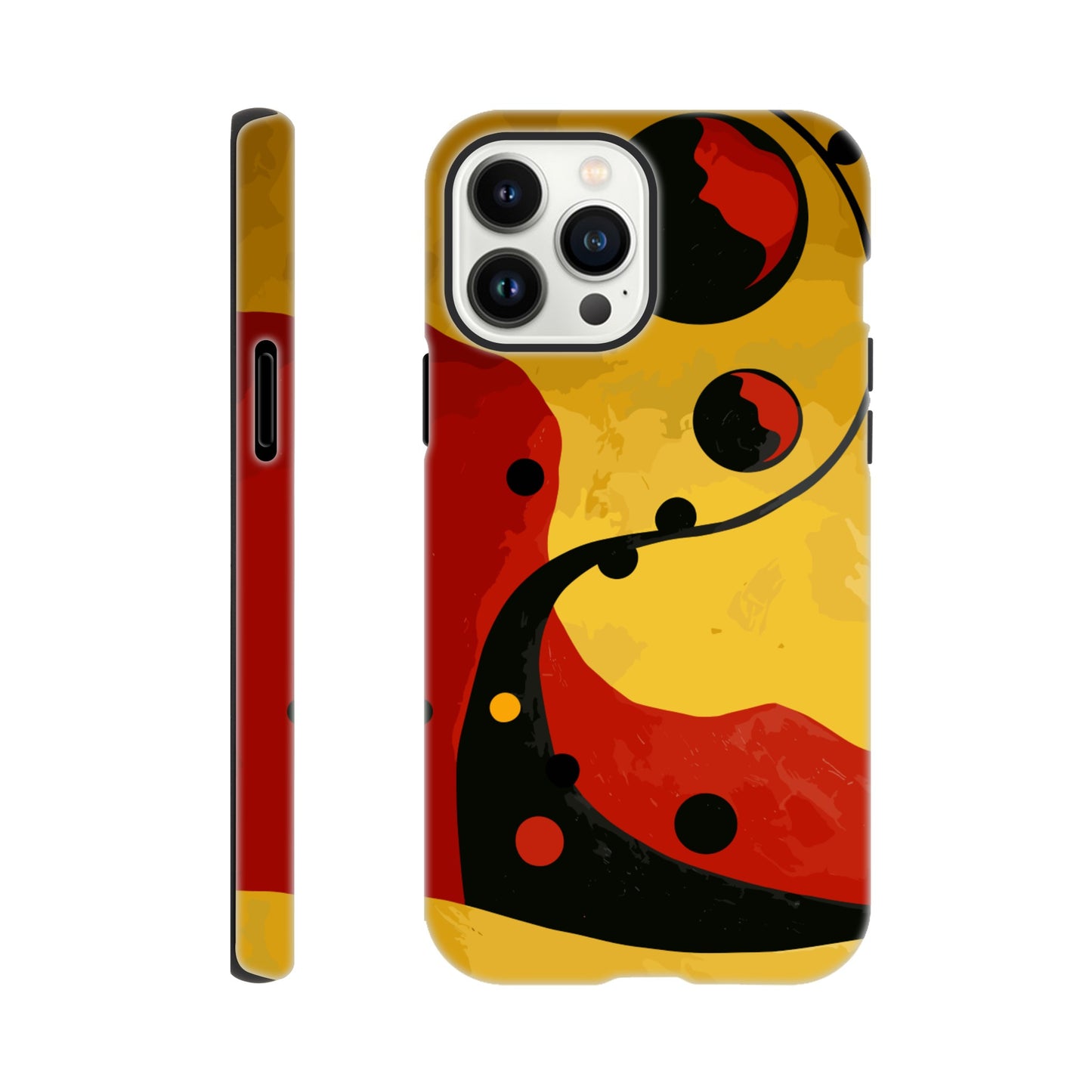 An Apple iPhone 13 Pro Max Phone Case with the following design on it - Abstract painting of yellow, red and black dots on the wall in an art deco style. The background is a dark gradient from light to deep yellow. In the foreground there's a swirl with three circles that resemble multiple shapes within each other, giving it depth. It has organic curves but also geometric elements.