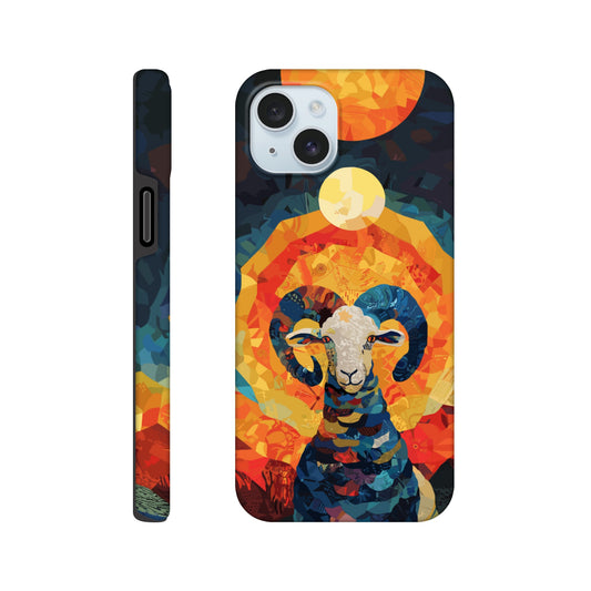 An Apple iPhone 15 Plus Phone Case with the following design on it - A Ram is facing towards you. There is a large Sun above the Ram even though it appears to be nighttime and a small moon as well, the style is art nouveau with very vibrant primary colors.