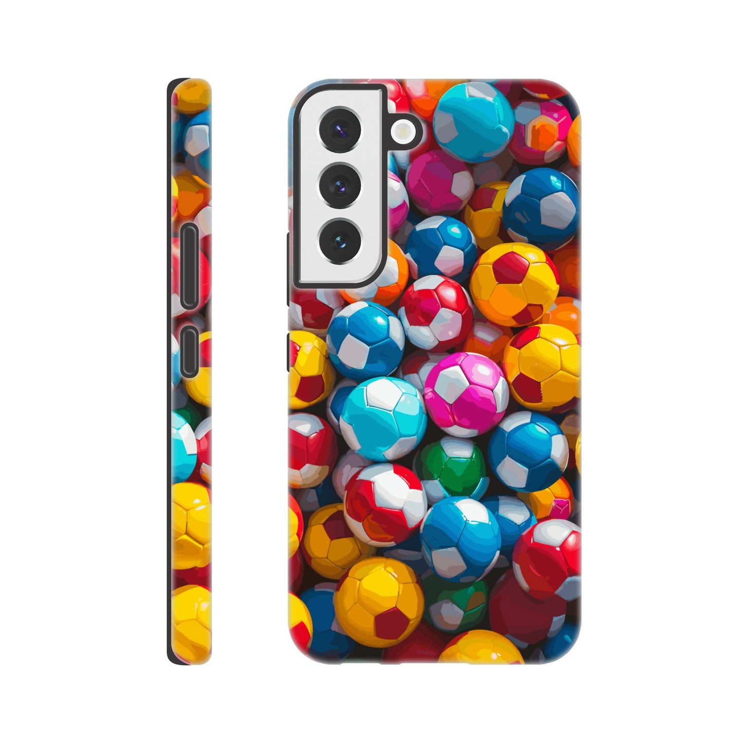 A Samsung Galaxy 22 Phone Case with the following design on it: A Kids ball pit made up of soccer balls, the soccer balls are of a variety of colors, fun and bright, pop art