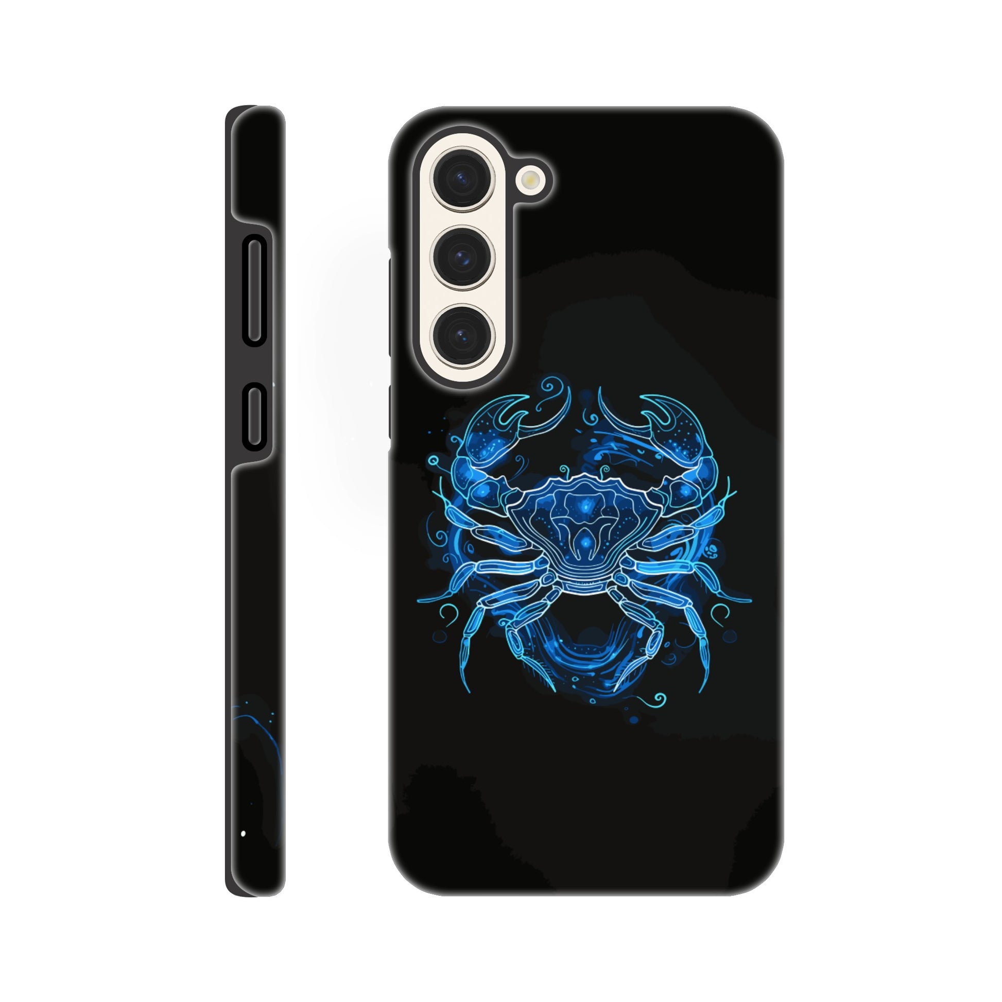 A Samsung Galaxy S23 Plus Phone Case with the following design - A simple white line drawing of the symbol for Cancer-a Crab, with blue outlines on black background. The design is minimalistic and elegant, focusing only on basic shapes to represent the zodiac sign's symbolism in astrology. It has an art deco style that highlights its curves and swirls, creating a sense of motion or energy within each curve.