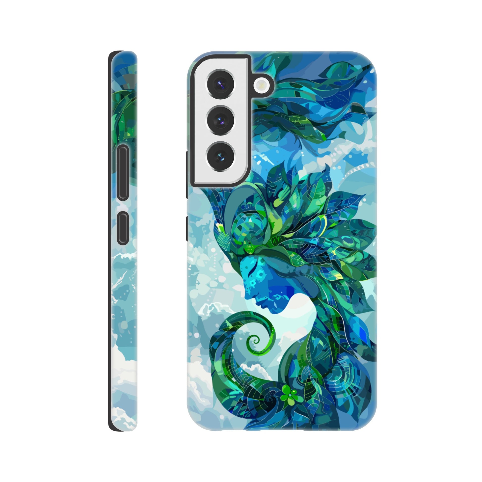 A Samsung Galaxy S22 Phone Case with the following design on it: digital illustration of the symbol for the Zodiac symbol for Virgo, abstract Maiden, swirling in the sky with clouds and blue background, vibrant green and dark blues, digital art style, detailed shading, intricate details, fantasy elements, fantasy-inspired designs, fantasy realism