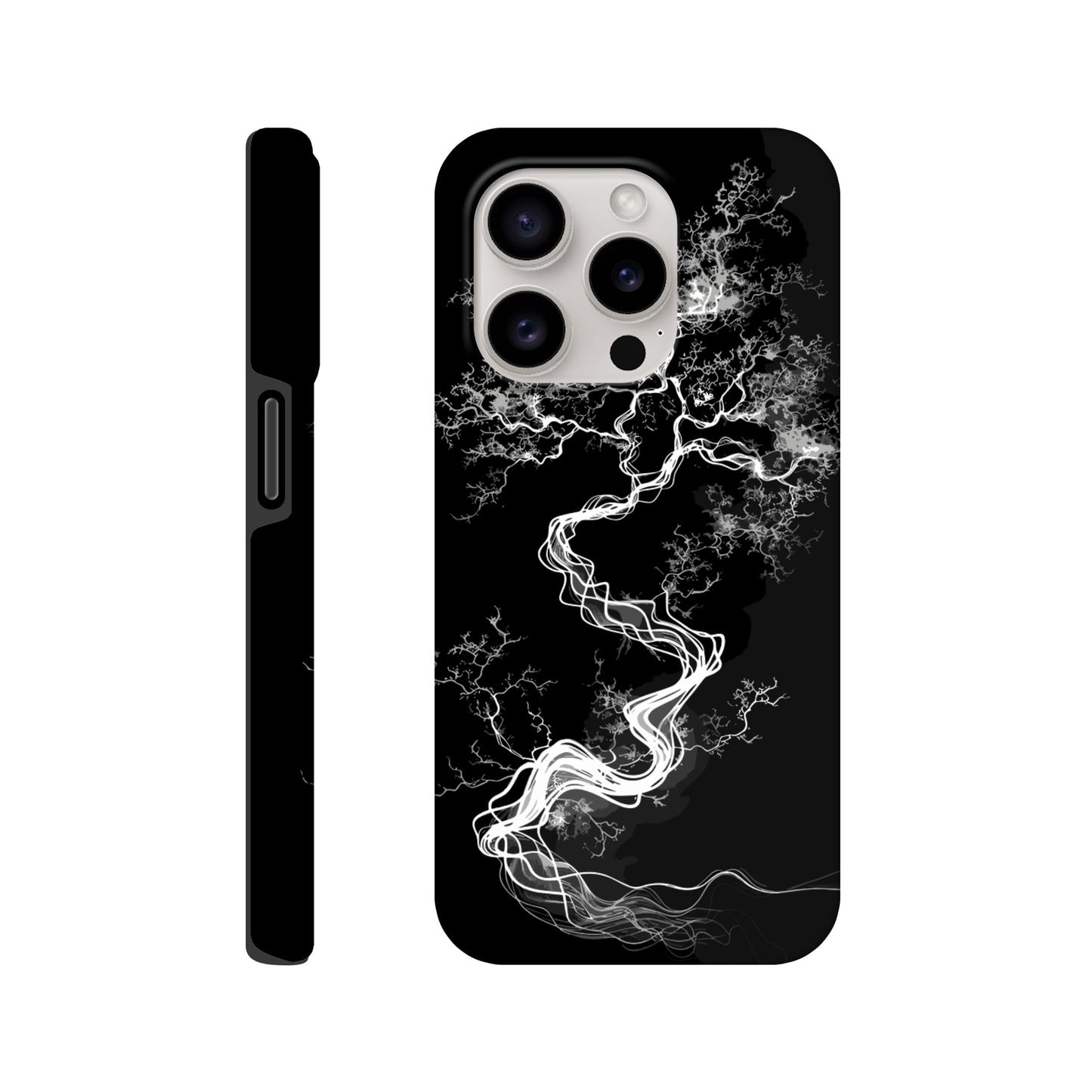 An Apple iPhone 15 Pro Phone Case with the following design on it - a sketch of a white fractal tree against a black background