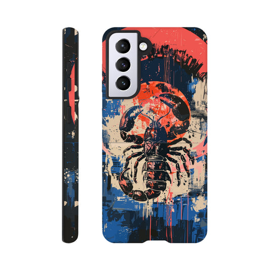 A Samsung Galaxy S21 Phone Case with the following design on it : A painting of a Scorpio with red accents, the Scorpio is the symbol for the astrological sign Scorpio, the Scorpio is positioned in the center against abstract blue and white brushstrokes, within a pink circle. The artwork has a splattered, chaotic background.