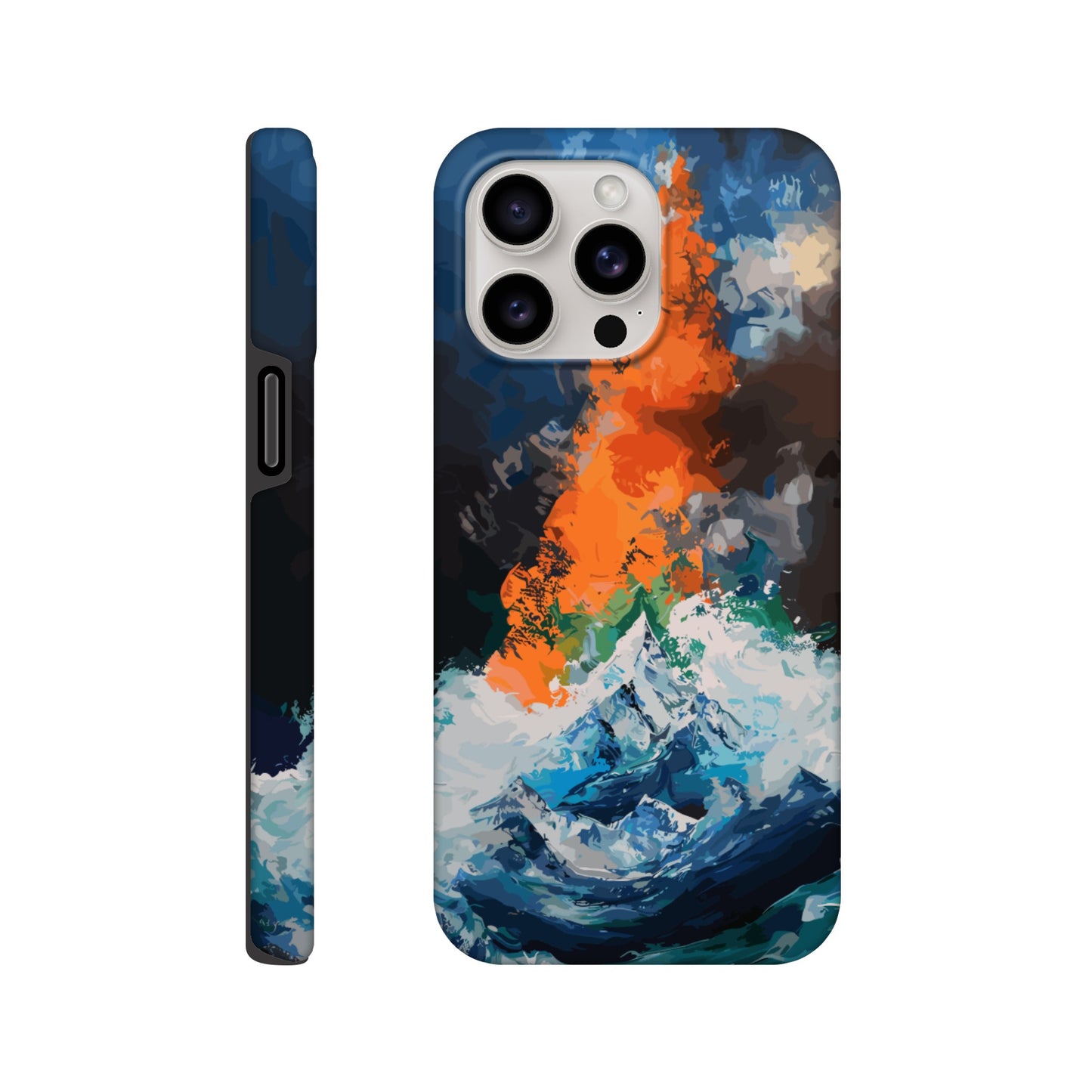 An Apple iPhone 15 Pro Max Phone Case with the following design on it - the Mariana Trench engulfing Mount Everest, cartoonish surrealism, blue, white, green, orange, black