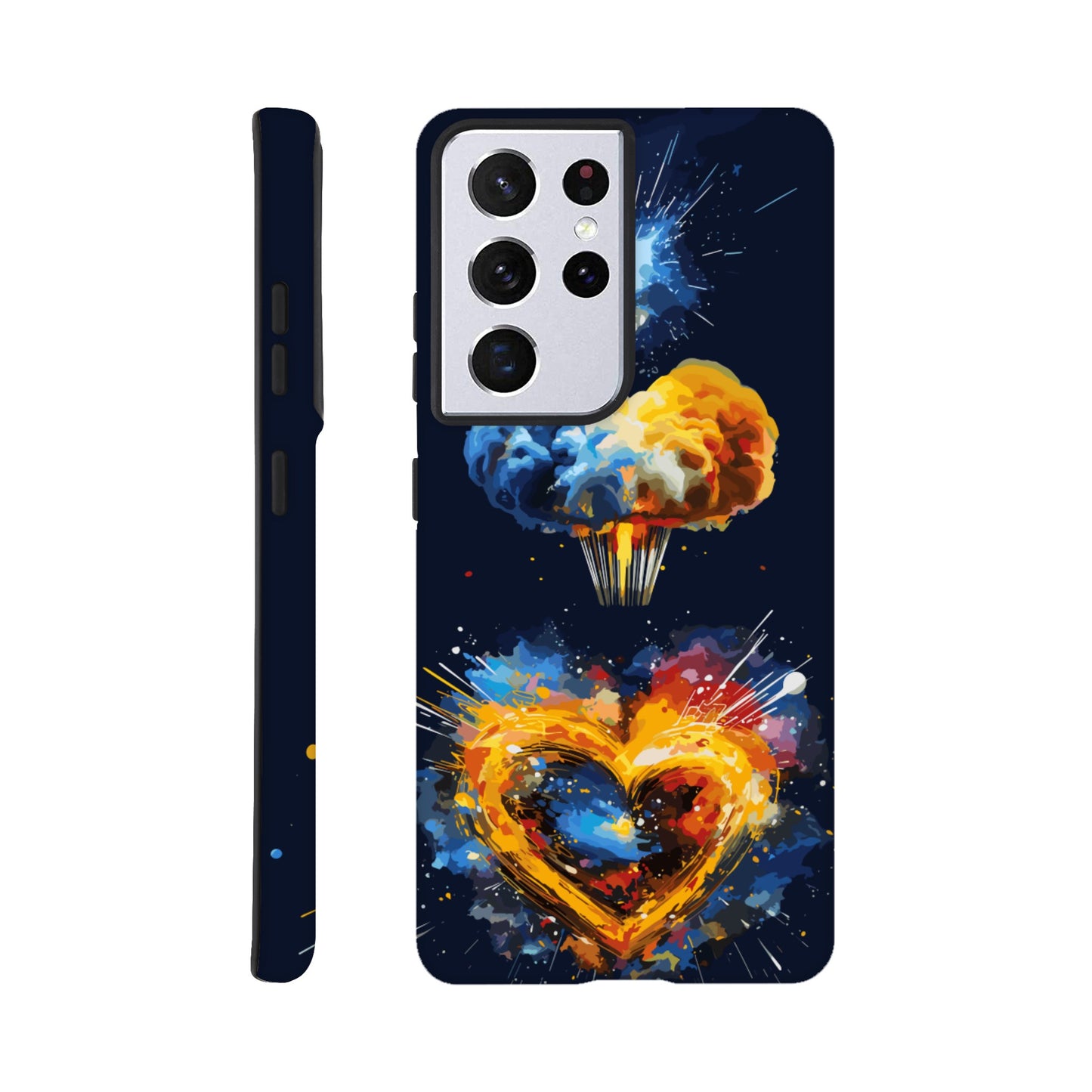 A Samsung Galaxy S21 Ultra Phone Case with the following design on it - heart shaped milky way galaxy with a nuclear mushroom cloud emanating from the heart, pop art, royal blue, yellow, white, silver, black, orange